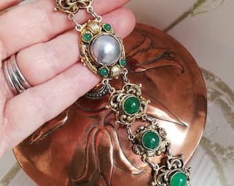 1800s Austro-Hungarian sumptuous silver gilt bracelet with large baroque pearl and chrysoprase- SHOW STOPPER!