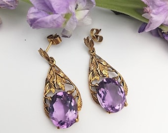 Bernard Instone rare 18ct gold and amethyst Arts and Crafts foliate drop earrings