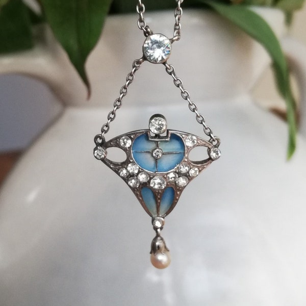 Jugendstil c1900 plique-a-jour and silver pendant necklace with sparkling pastes and wonderful pale blue plique