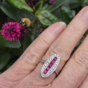 May include: An elongated oval ring featuring a central vertical row of five square-cut red rubies surrounded by a border of small round white diamonds set in a silver-toned metal band with milgrain detailing along the edges of the setting.