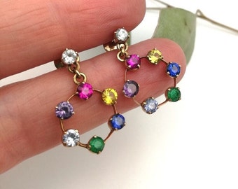Antique 18ct gold mixed gemstones rare and joyfully vibrant drop earrings in hoop design