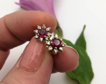 14ct gold and ruby vintage cluster earrings with hand crafted flower backs