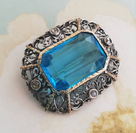 Sibyl Dunlop Unique Arts and Crafts Brooch in Silver and Gold With Old cut Diamonds and Huge Caribbean Blue Apatite Gem Etsy UK