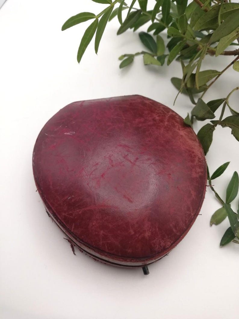 May include: A burgundy leather case, oval in shape, with a textured surface. The case has a hinged design and a dark metal clasp. Green leaves and stems are in the background.