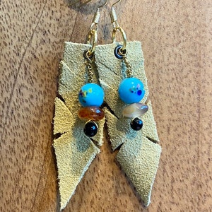 Tan Leather Feather Earrings with Chinese Porcelain Bead, Carnelian, Black Onyx, and 18K Gold