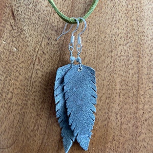 Grey Leather Feather Earrings with Silver