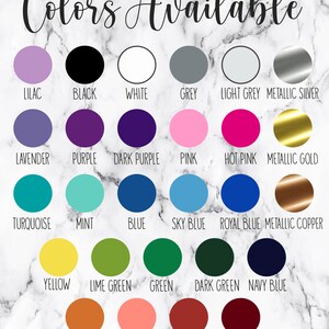 May include: A chart displaying 20 colour options for a product. The colours include lilac, black, white, grey, light grey, metallic silver, lavender, purple, dark purple, pink, hot pink, metallic gold, turquoise, mint, blue, sky blue, royal blue, metallic copper, yellow, lime green, green, dark green, navy blue, orange, coral, red, and burgundy.