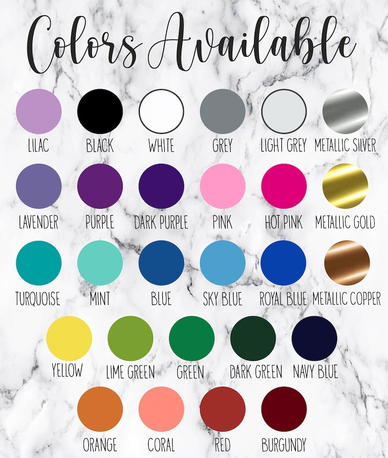 May include: A chart displaying 20 colour options for a product. The colours include lilac, black, white, grey, light grey, metallic silver, lavender, purple, dark purple, pink, hot pink, metallic gold, turquoise, mint, blue, sky blue, royal blue, metallic copper, yellow, lime green, green, dark green, navy blue, orange, coral, red, and burgundy.