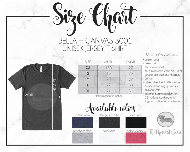 May include: Size chart for Bella + Canvas 3001 unisex jersey t-shirt. The chart shows sizes XS to XL with corresponding width and length measurements in inches. Available colors include heather navy, dark grey heather, solid black, athletic heather, solid white, and heather raspberry.