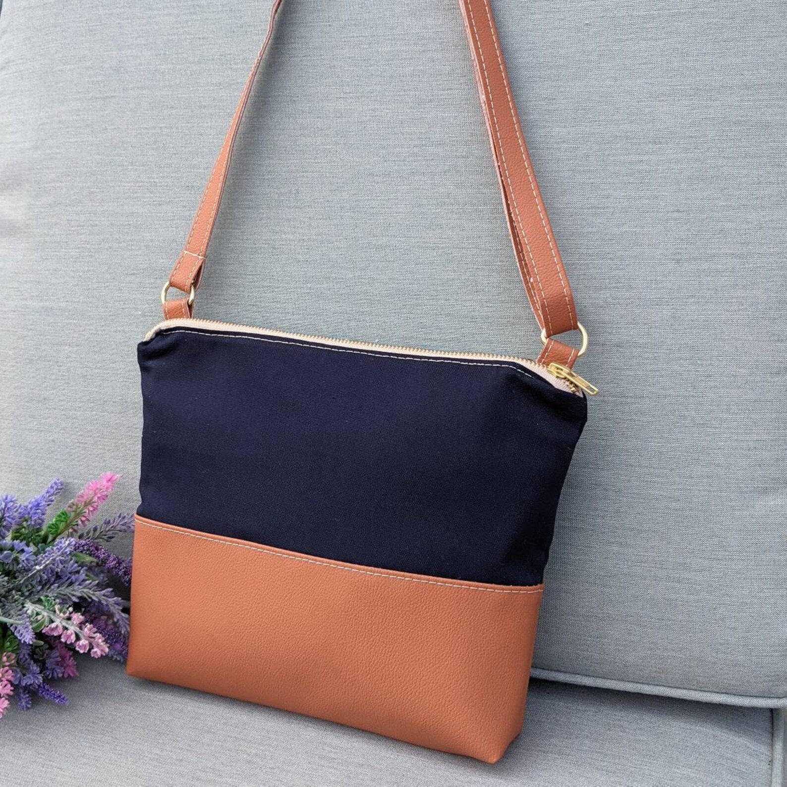 Navy Cross Body Bag Crossbody With Vegan Leather Trim Navy Etsy