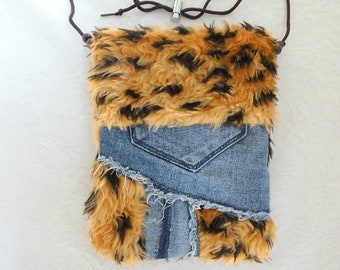 Mini bag from blue jeans and fake fur