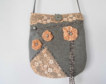 Grey BOHO bag with salmon colored lace / handmade bag / ubique bags