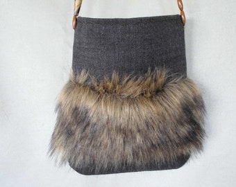 Bag from brown fabric with fake fur