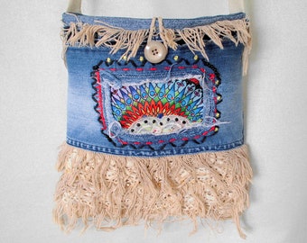 Borsa a manico lungo beige e blu / stile Boho