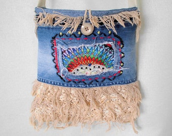 Bag with long handle in beige and blue / Boho style