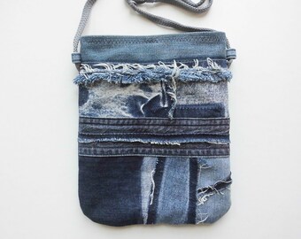 SUPER BARGAIN  //  Bag from blue jeans with long handle / Upcycling bag