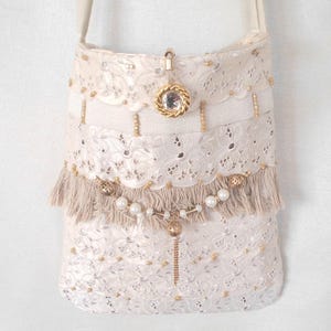 Beige handmade bag with long handle