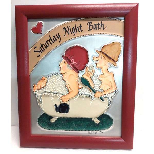 Vintage Hammered Metal Bathroom Tin Art Titled "Saturday Night Bath"  Couple Taking a Bubble Bath Humorous