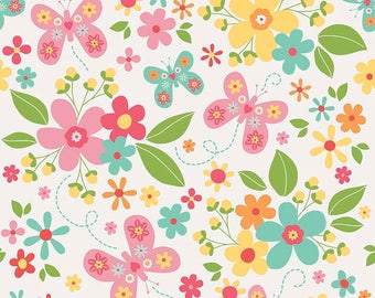 Garden Girl - FLANNEL - Per Yd - Riley Blake - by Zoe Pearn - Main print on white flannel - butterflies and flowers - C