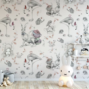 Mad Hatter Tea Party Wallpaper Mural Alice In Wonderland Wall Etsy