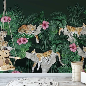 Schlafende Leoparden Dschungel Tapete Wandbild • Tropischer Regenwald Hibiskus Dschungel Wandbild • Handgezeichnete Blumenillustration • Nach Maß