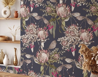 Protea, Eucalyptus Dragonfly Floral Wallpaper • Dark Blue Native Flower Mural Feature Wall • Paste-the-Wall or Peel and Stick Wallpaper