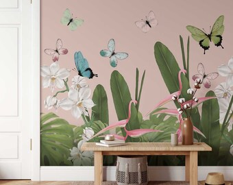 Mural de papel tapiz con orquídeas y mariposas Heliconia • Mural personalizado de selva tropical exótica • Mural para pegar en la pared o despegar y pegar