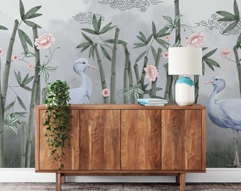Blue Crane & Bamboo Wallpaper Mural • Oriental Chinoiserie Style Floral Wall Mural •  Paste-the-Wall or Peel and Stick Wallpaper Mural