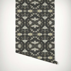 Beetles, Bugs & Moth Damask Floral Wallpaper • Art Nouveau Maximalist Style • Black and Yellow • Paste-the-Wall or Peel and Stick Wallpaper