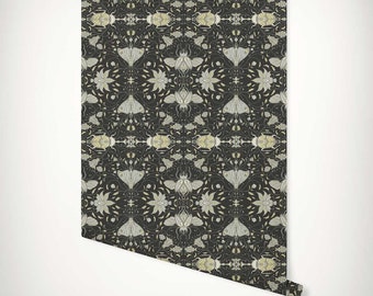Papel tapiz floral damasco con escarabajos, insectos y polillas • Art Nouveau maximalista • Pegar en la pared o despegar y pegar