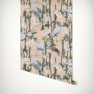 Pink Chinoiserie Bamboo Forest Blue Crane Wallpaper • Oriental  Floral Painted Wall Mural • Eco Printed, Paste-the-Wall Paper, Easy Install!