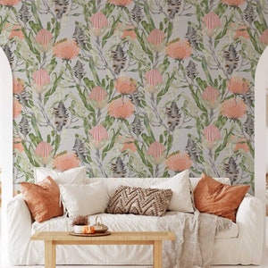 Australische einheimische Flora, Banksia, Grevillea-Tapete • Botanische Blumendekor-Wand Luxus Eco Paste-the-Wall oder Peel & Stick-Tapete
