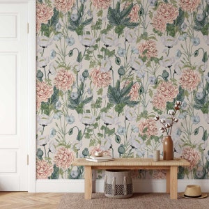 Wildflower Meadow Floral Wallpaper • Peonie, Poppy, Clover Flower Botanical Wall Mural • Luxury Botanical Eco Printed Paste-the-Wall Paper •