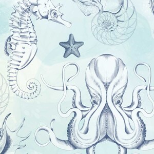 Puede incluir: Una ilustraci&oacute;n azul y blanca de un caballito de mar, un pulpo y una estrella de mar sobre un fondo azul claro.