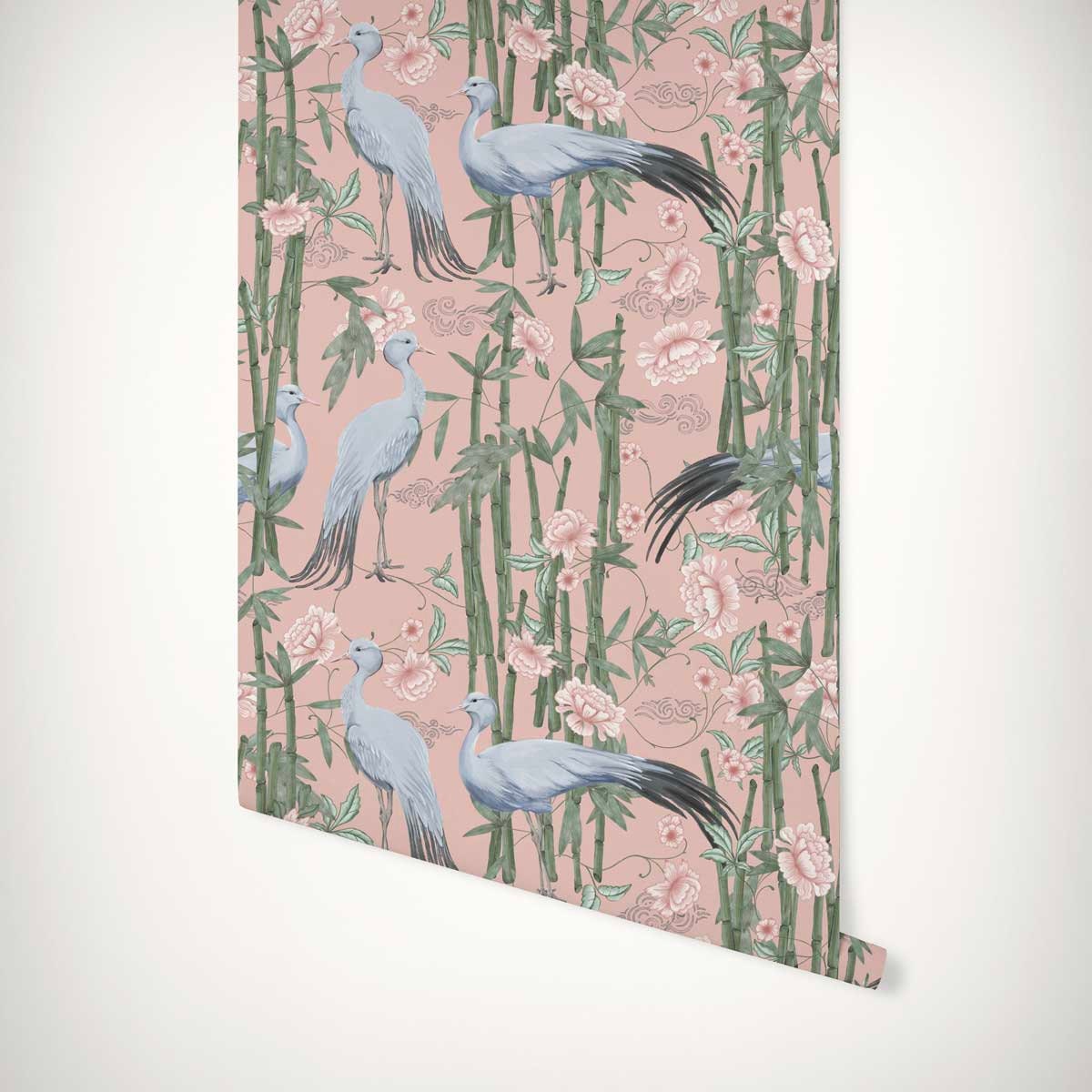 Pink Chinoiserie Bamboo Forest Blue Crane Wallpaper Oriental - Etsy UK