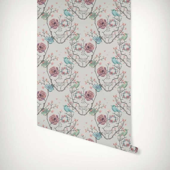 Floral Skull Sakura Cherry Blossom Wallpaper • Paste the Wall or Peel & Stick Wall Mural