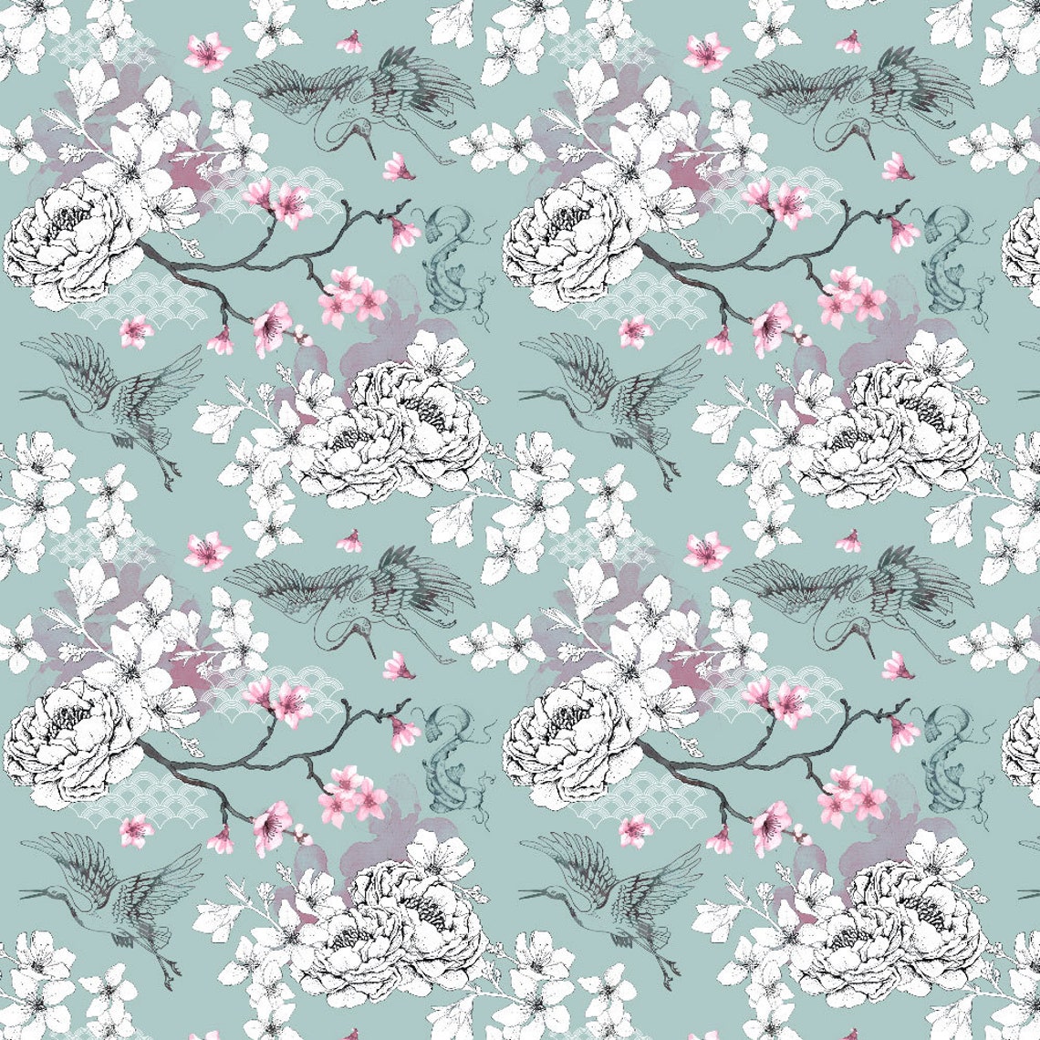 Floral Chinoiserie Wallpaper Duck Egg Oriental Botanical Etsy