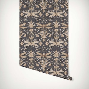 Nouveau Dragonfly Damask Wallpaper • Rococo Ink Blue Bronze Maximalist Art Nouveau • Luxury Eco Paste the Wall or Peel & Stick Wallpaper