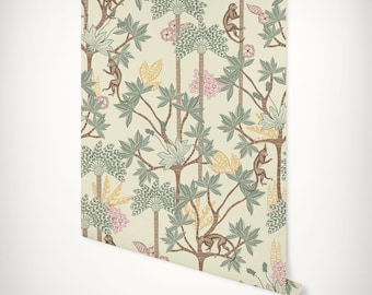 Vintage Monkey Jungle Wallpaper Mural: Tropical Palm Tree Forest - Paste-the-Wall or Peel & Stick Wallpaper