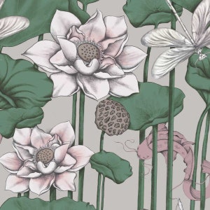 Puede incluir: Una ilustraci&oacute;n digital de flores de loto rosas, hojas verdes y una lib&eacute;lula sobre un fondo gris claro.