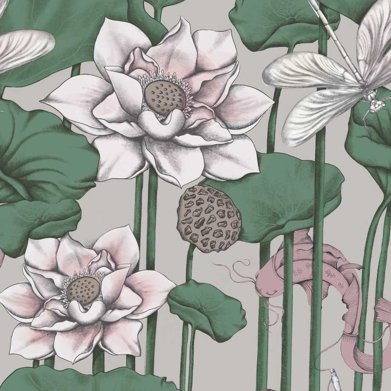Puede incluir: Una ilustraci&oacute;n digital de flores de loto rosas, hojas verdes y una lib&eacute;lula sobre un fondo gris claro.