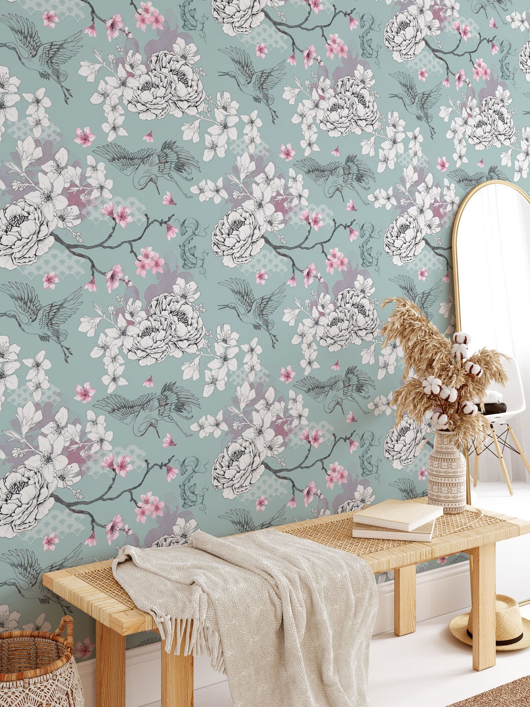 Floral Chinoiserie Wallpaper Duck Egg Oriental Botanical Etsy