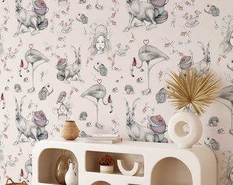 Alice in Wonderland Wallpaper • Pink Flamingo, Rabbit, Looking Glass, Queen of Hearts • Luxury Eco Paste-the-Wall or Peel & Stick Wallpaper