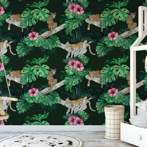 Leopard Jungle Wallpaper Dark Green Watercolour Tropical Jungle Leaves Mural Big Cat Sleeping Paste-the-Wall or Peel & Stick Wallpaper image 4