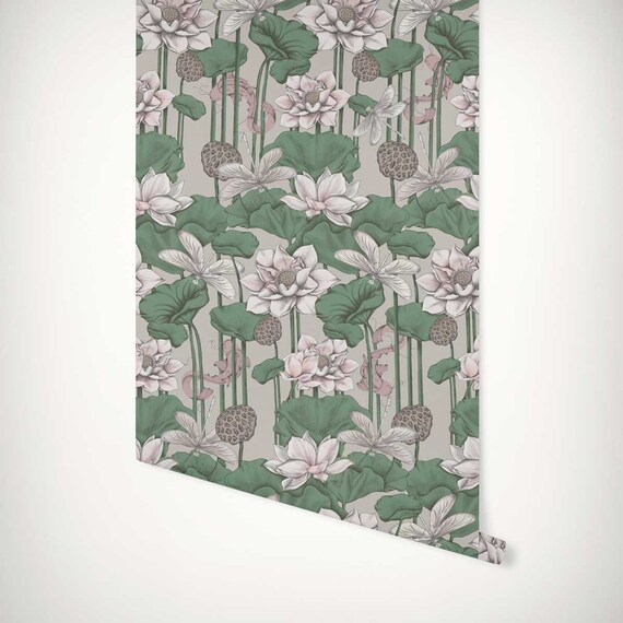 Lotus Blossom Wallpaper •  Waterlily, Dragonfly, Carp Fish Mural • Paste-the-Wall or Peel & Stick