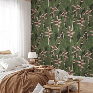 Heliconia Forest Tapete • Botanischer Dschungel-Stil, Paradiesvogel Exotic Floral • Luxus Eco Paste-the-Wall oder Peel & Stick Tapete