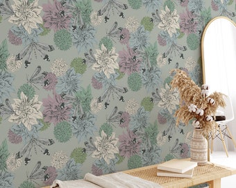 Dahlia and Dragonfly Floral Wallpaper • Soft Blue Summer Flower Mural Feature Wall • Paste-the-Wall or Peel and Stick Wallpaper