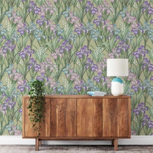 Tapete Wild Iris & Lilientaler Blumen • Florale botanische Wildblumen Blumen Wandbild Wandbild • Paste-the-Wall oder Schälen und Aufkleben Tapete