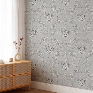Graue Fennek Fuchs florale Pfingstrose & Orchidee Tapete • Botanisches Eco gedrucktes Kleister-Wandpapier • Einheimisches Blumenwandbild Hand gezeichnete Eigenschafts-Wand
