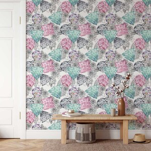 Carta da parati con diamanti scintillanti e fiori • Gemme scintillanti acquerellate + Decorazione murale con fiori di cristallo • Carta da parati di lusso incollabile sul muro o stacca e incolla